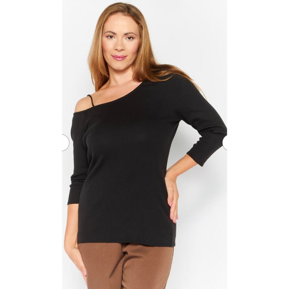 Theory Ribbed Asymmetrical Long Sleeve Top Black Large